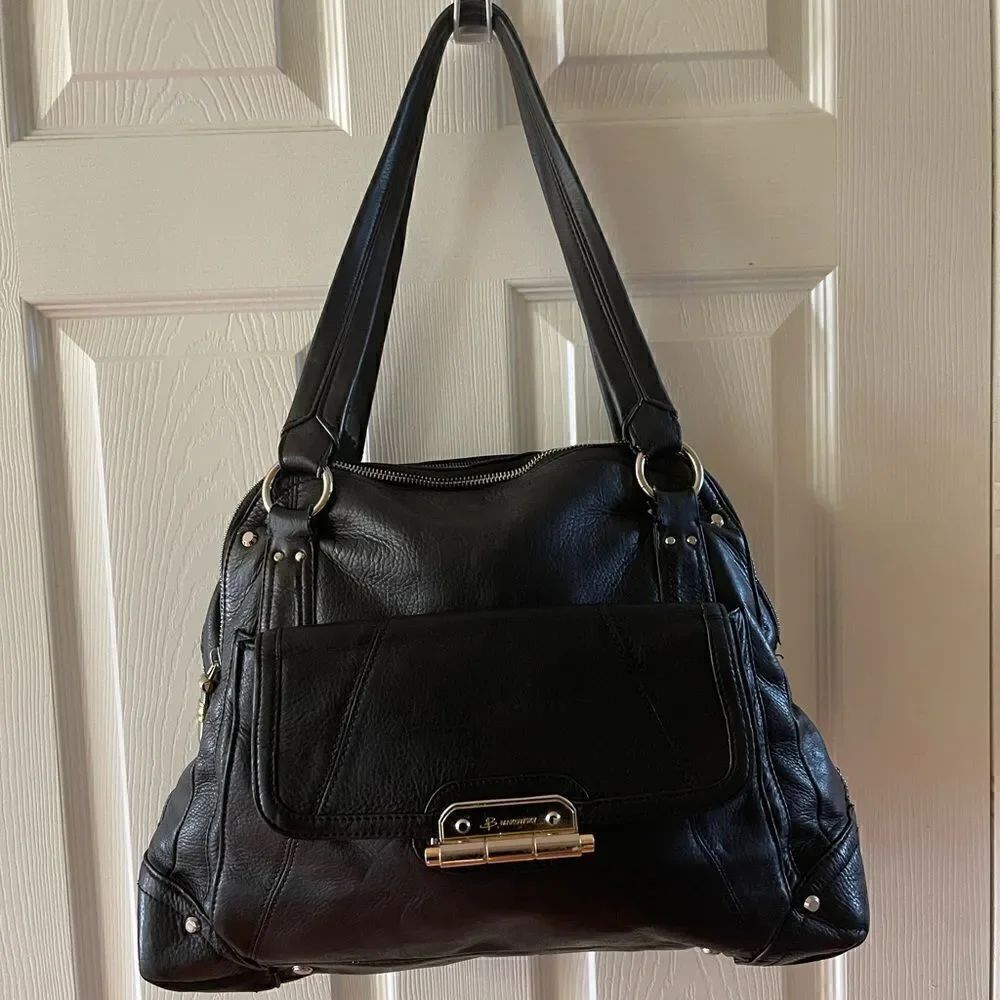 B Makowsky leather Black large shoulder bag gold & Silver tone hardwares.